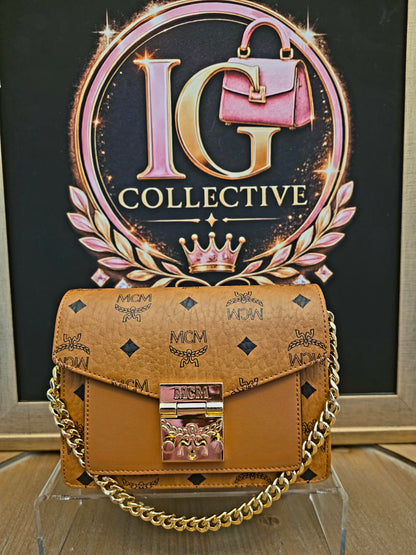 MCM Cognac Visetos Patricia-Style Chain Shoulder / Crossbody Bag