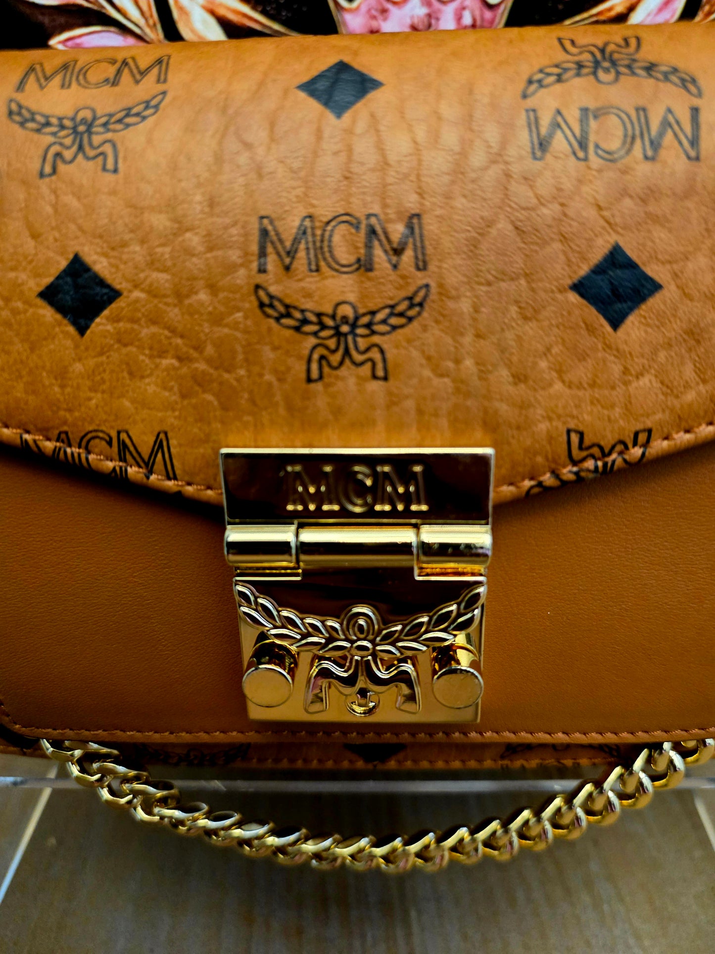 MCM Cognac Visetos Patricia-Style Chain Shoulder / Crossbody Bag