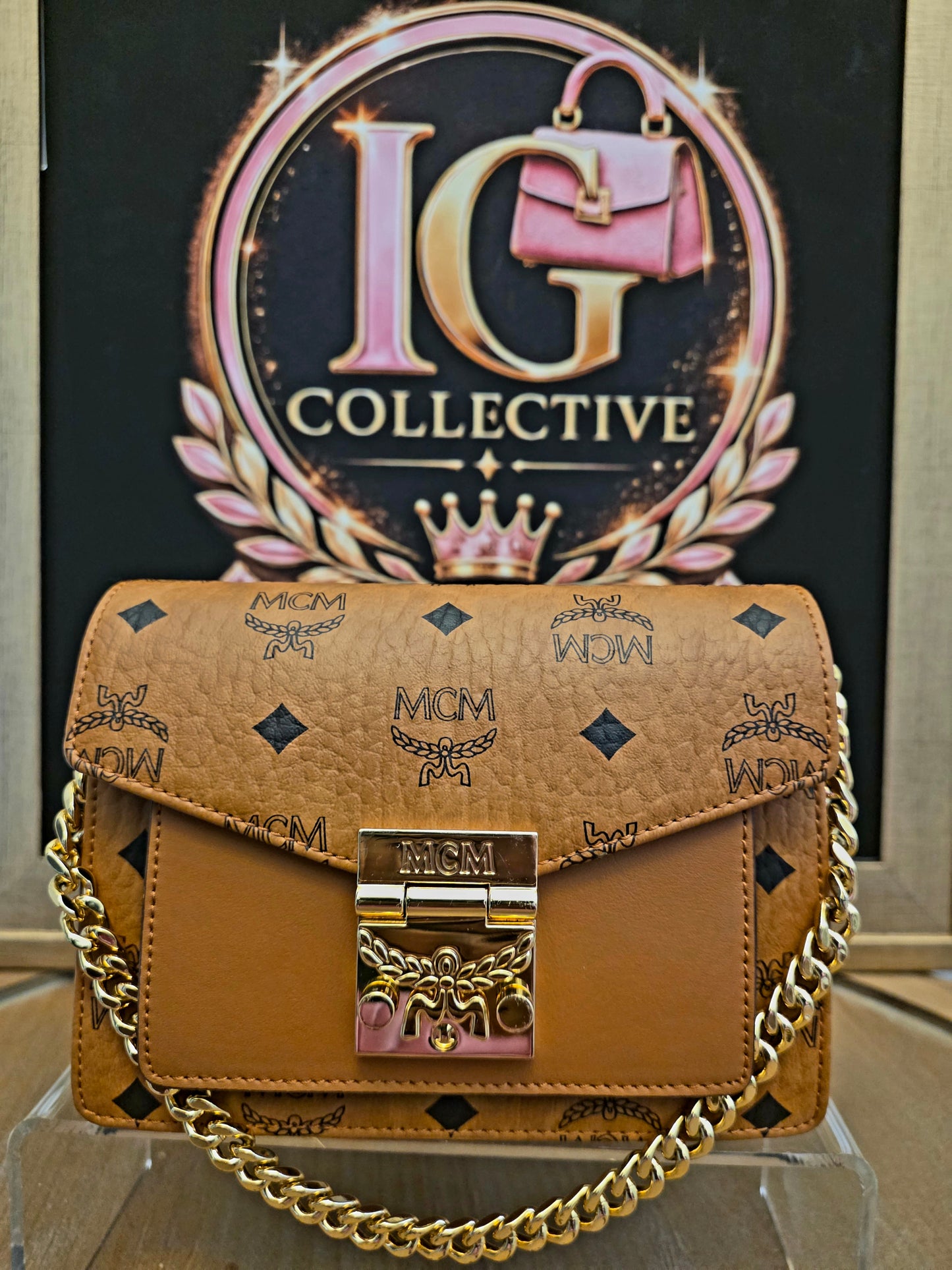 MCM Cognac Visetos Patricia-Style Chain Shoulder / Crossbody Bag