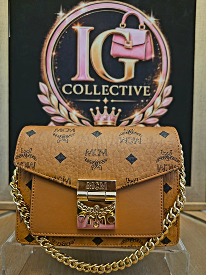 MCM Cognac Visetos Patricia-Style Chain Shoulder / Crossbody Bag