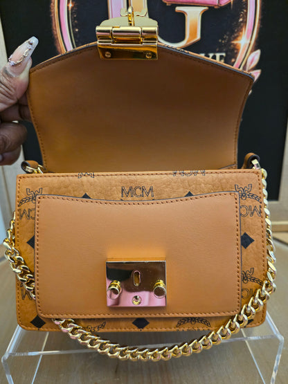 MCM Cognac Visetos Patricia-Style Chain Shoulder / Crossbody Bag