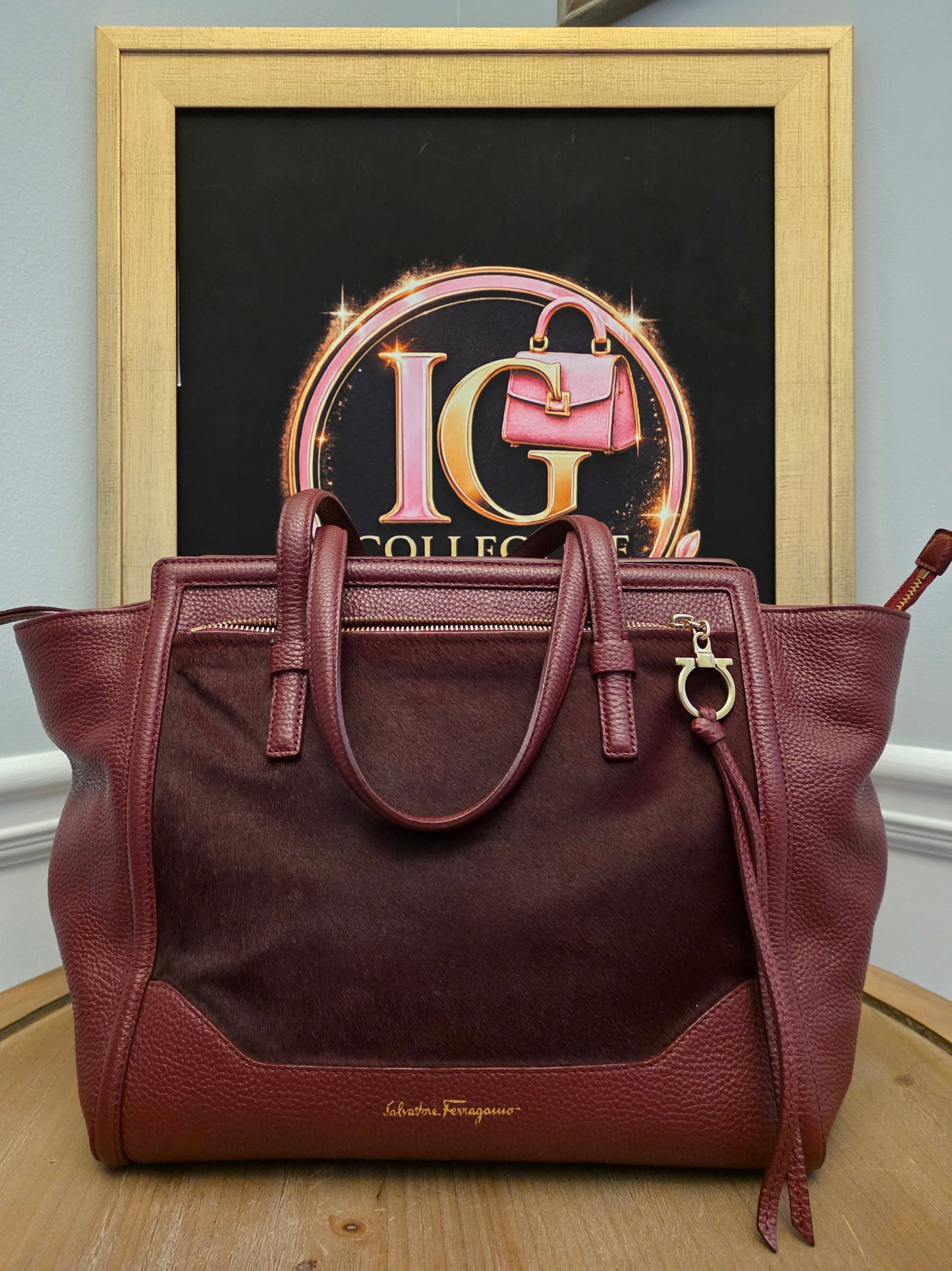 Salvatore Ferragamo Oxblood Calf Hair & Pebbled Leather Gancini Tote