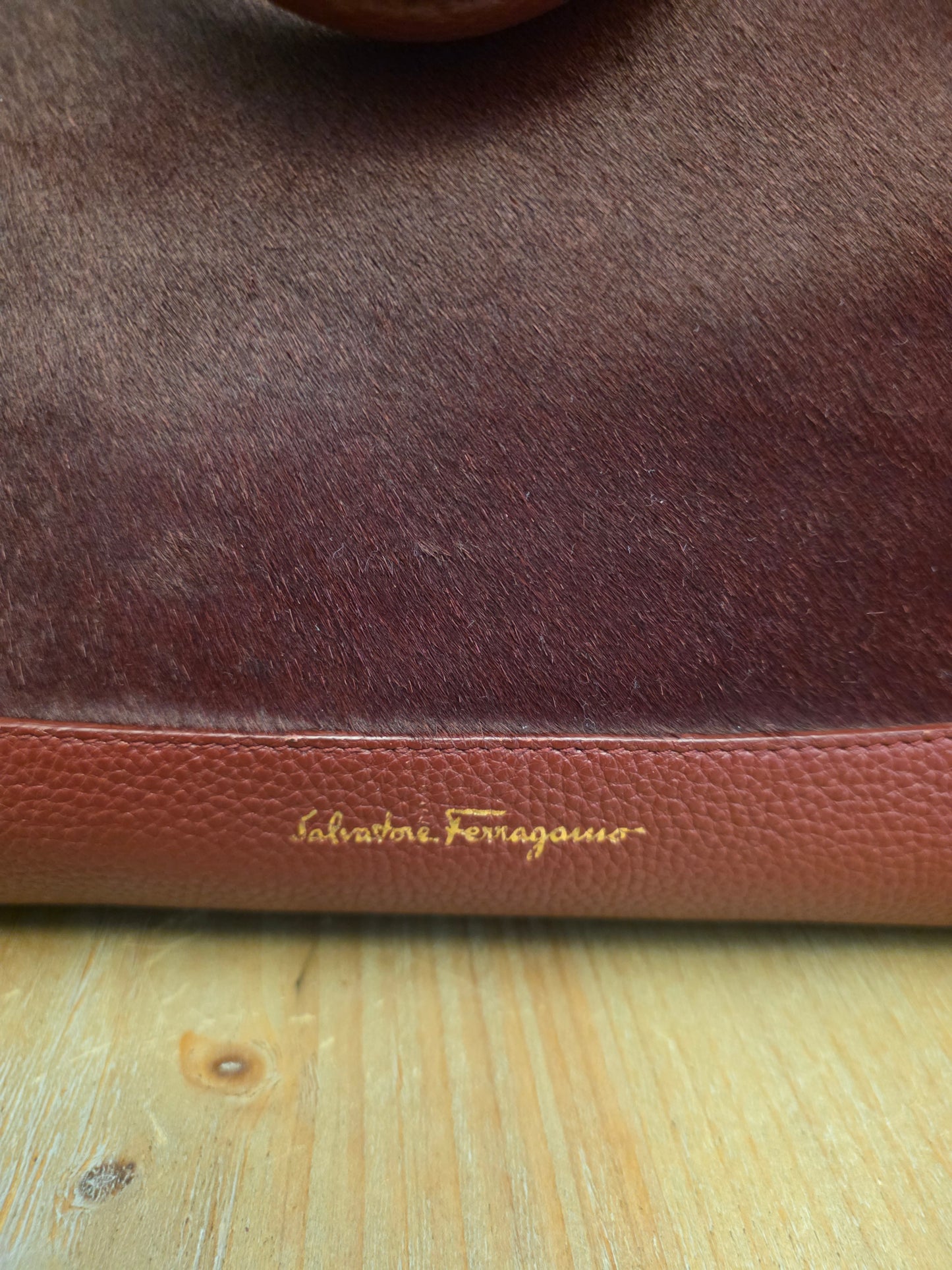 Salvatore Ferragamo Oxblood Calf Hair & Pebbled Leather Gancini Tote