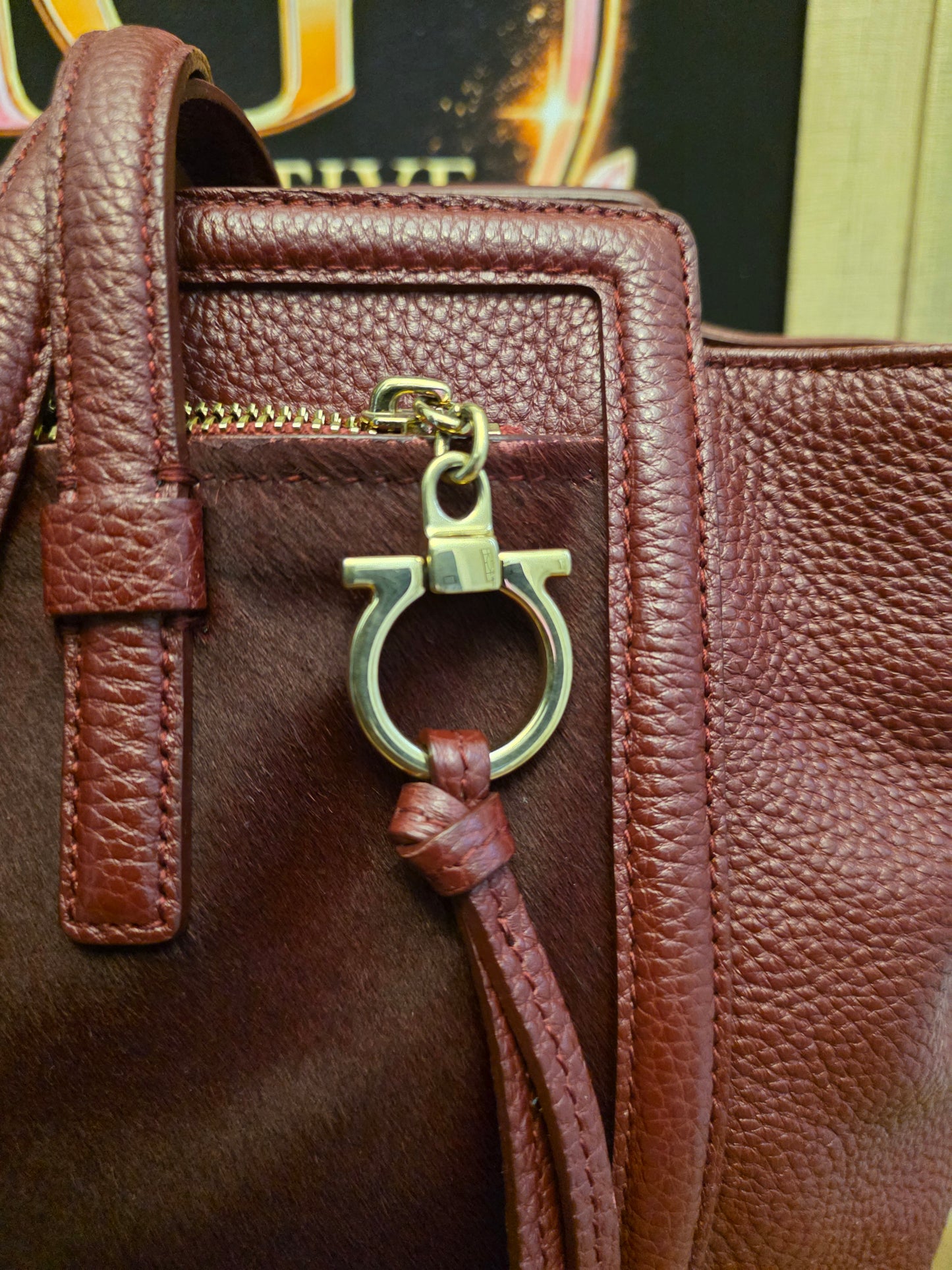 Salvatore Ferragamo Oxblood Calf Hair & Pebbled Leather Gancini Tote