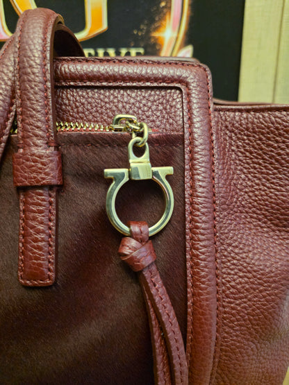 Salvatore Ferragamo Oxblood Calf Hair & Pebbled Leather Gancini Tote