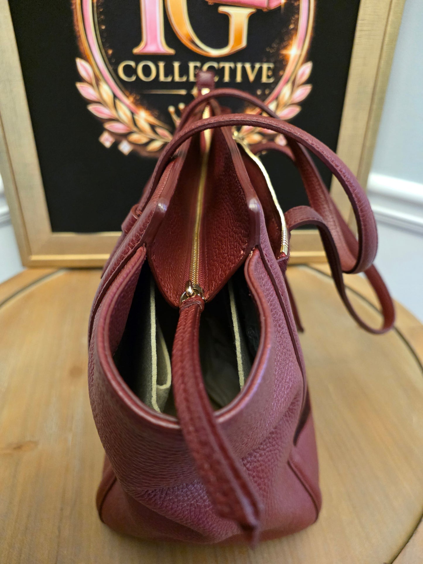 Salvatore Ferragamo Oxblood Calf Hair & Pebbled Leather Gancini Tote