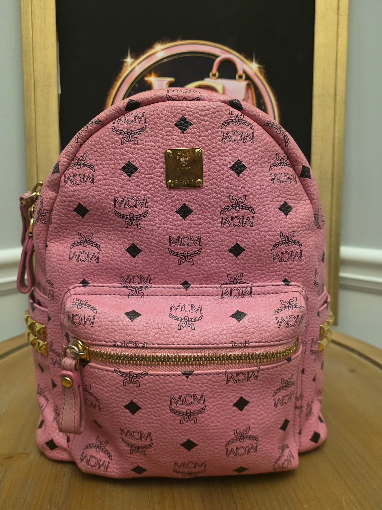 MCM Stark Side Studs Mini Backpack Pink Visetos Leather Backpack Gold Hardware