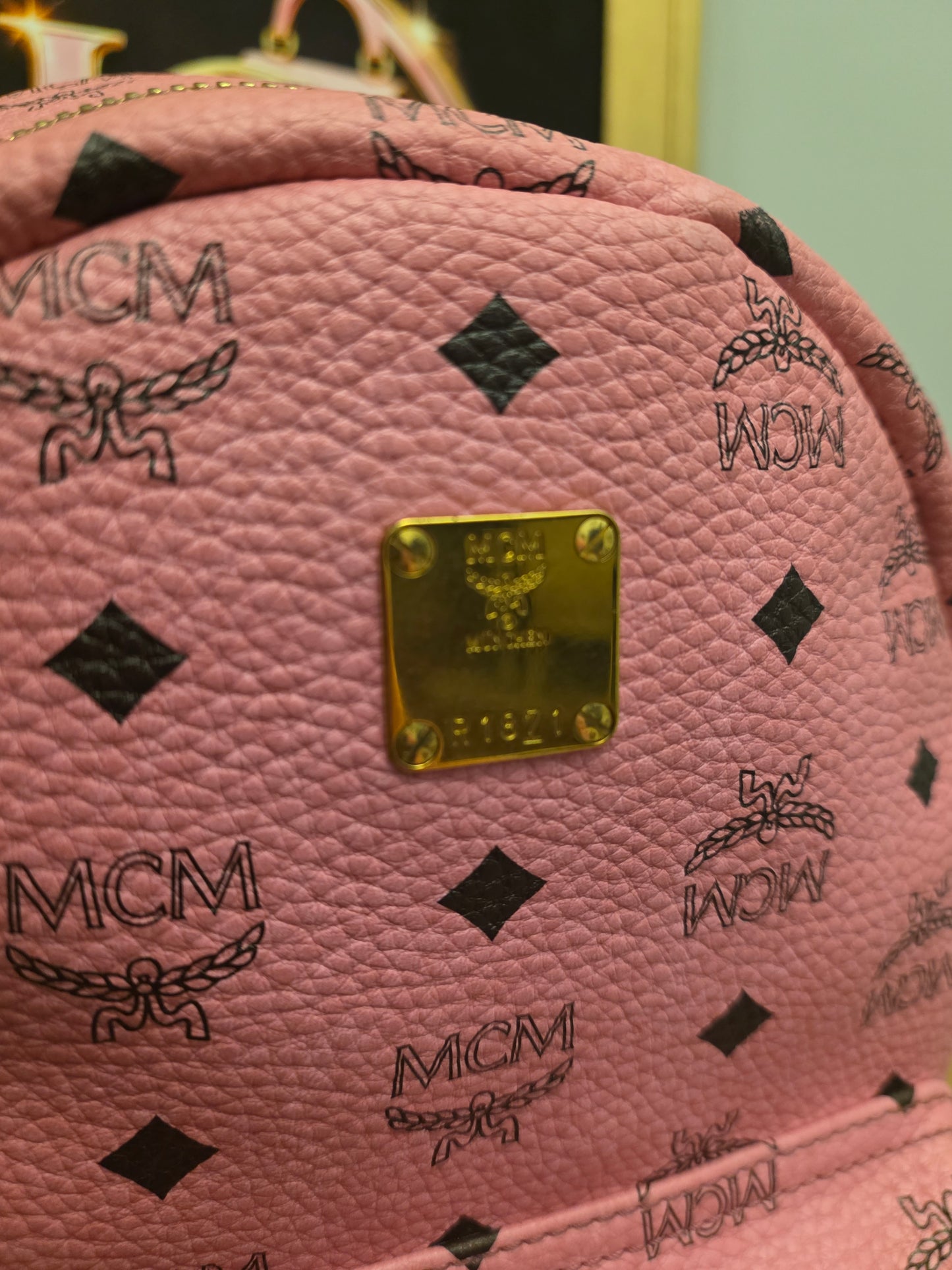 MCM Stark Side Studs Mini Backpack Pink Visetos Leather Backpack Gold Hardware