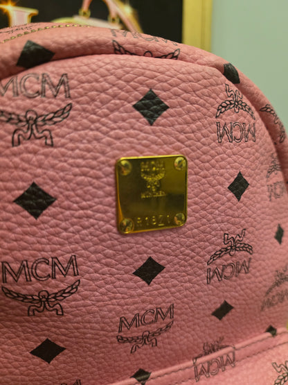 MCM Stark Side Studs Mini Backpack Pink Visetos Leather Backpack Gold Hardware