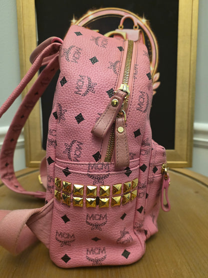 MCM Stark Side Studs Mini Backpack Pink Visetos Leather Backpack Gold Hardware