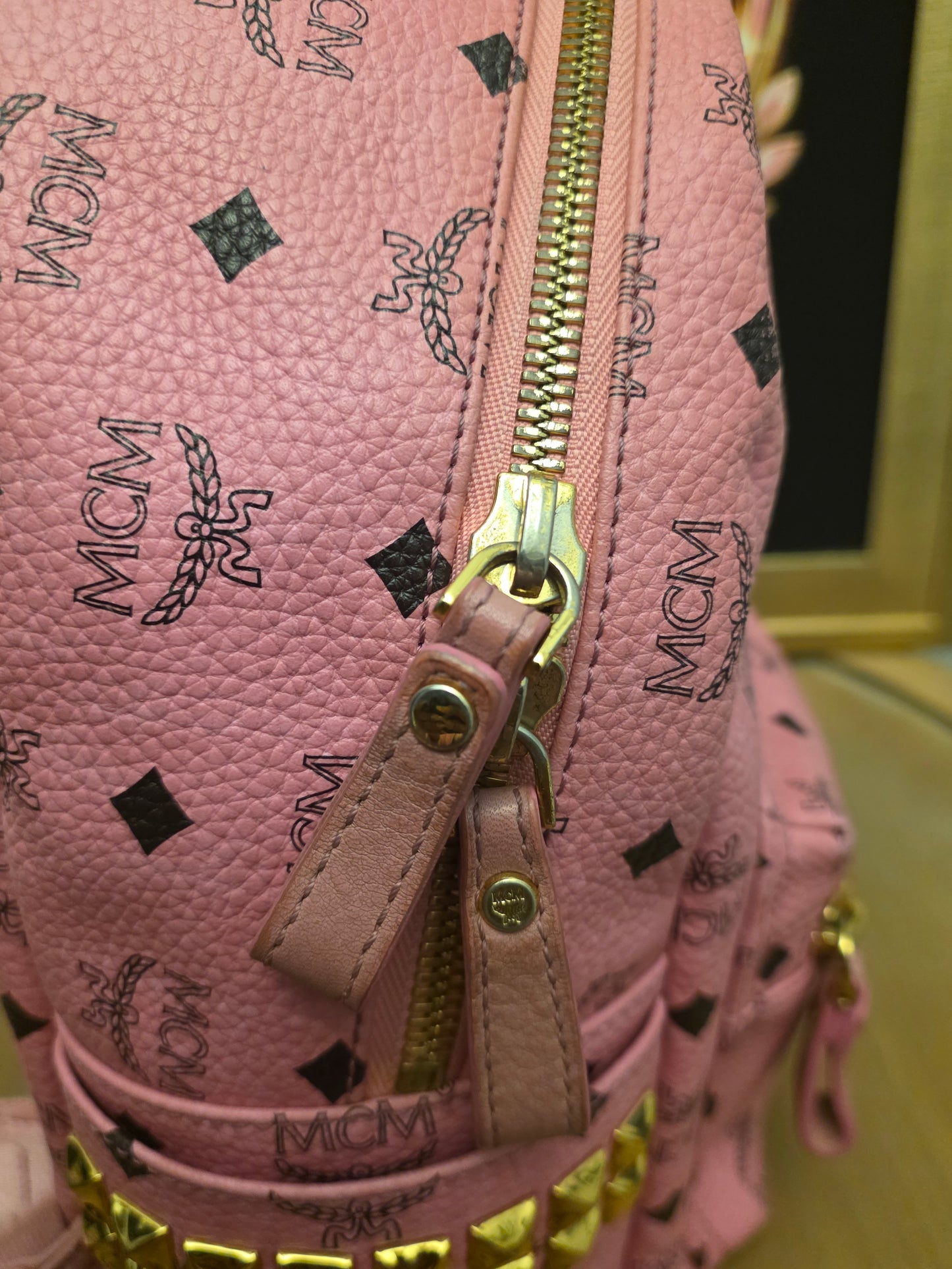 MCM Stark Side Studs Mini Backpack Pink Visetos Leather Backpack Gold Hardware