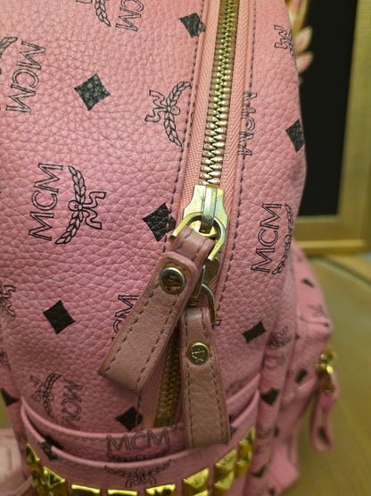 MCM Stark Side Studs Mini Backpack Pink Visetos Leather Backpack Gold Hardware