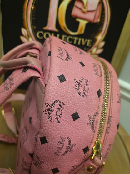 MCM Stark Side Studs Mini Backpack Pink Visetos Leather Backpack Gold Hardware