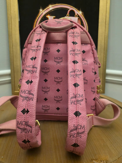 MCM Stark Side Studs Mini Backpack Pink Visetos Leather Backpack Gold Hardware