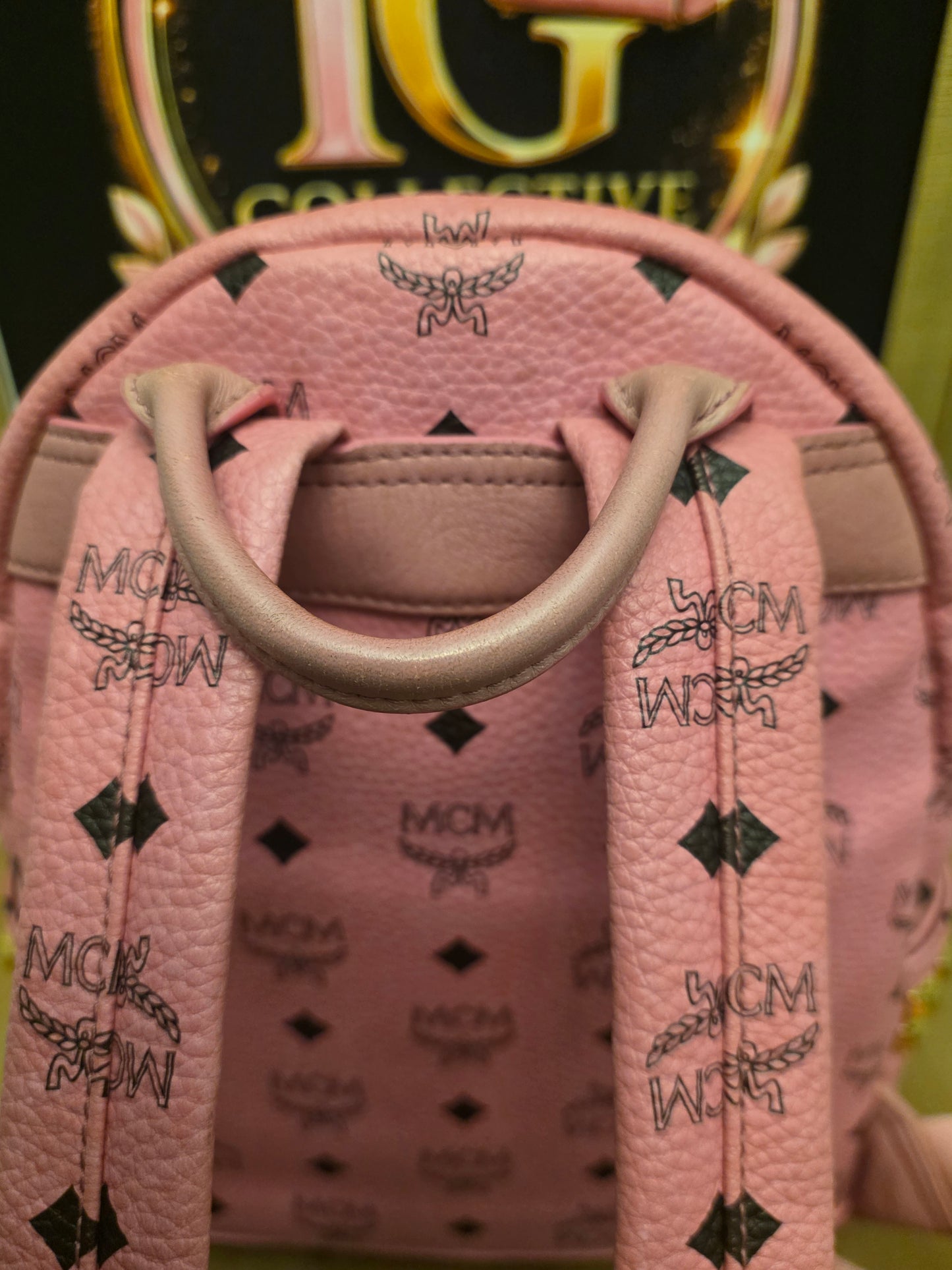MCM Stark Side Studs Mini Backpack Pink Visetos Leather Backpack Gold Hardware