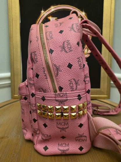 MCM Stark Side Studs Mini Backpack Pink Visetos Leather Backpack Gold Hardware