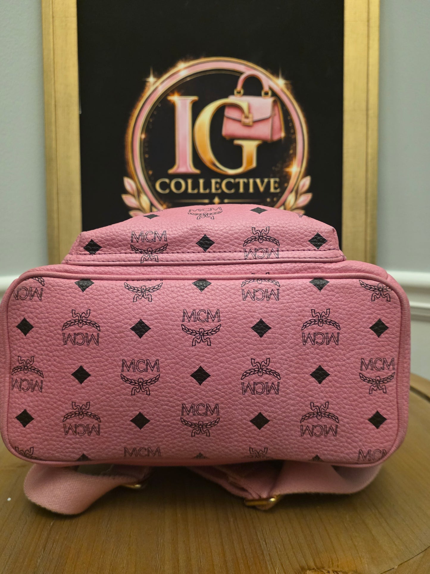 MCM Stark Side Studs Mini Backpack Pink Visetos Leather Backpack Gold Hardware