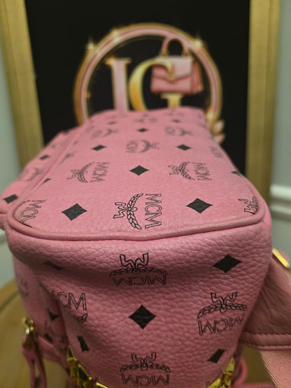 MCM Stark Side Studs Mini Backpack Pink Visetos Leather Backpack Gold Hardware