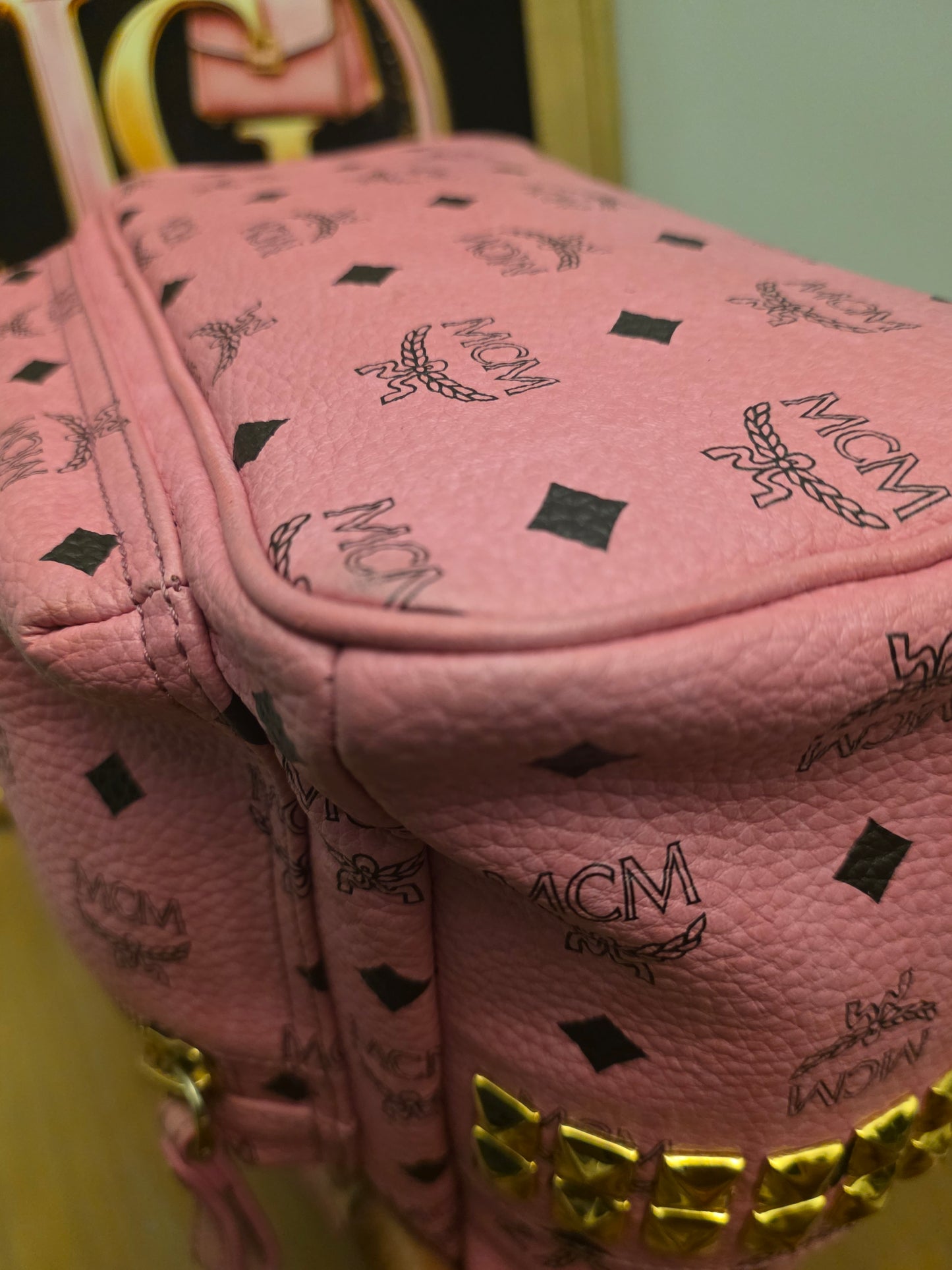 MCM Stark Side Studs Mini Backpack Pink Visetos Leather Backpack Gold Hardware