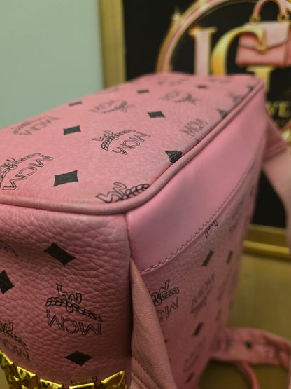 MCM Stark Side Studs Mini Backpack Pink Visetos Leather Backpack Gold Hardware