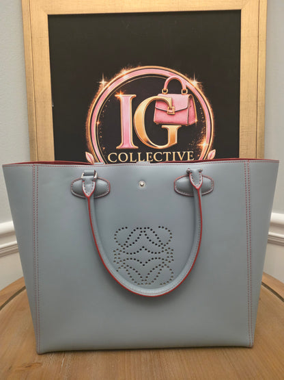 Loewe Gray Leather Anagram Tote Bag with Red Interior & Pouch | IG Collective