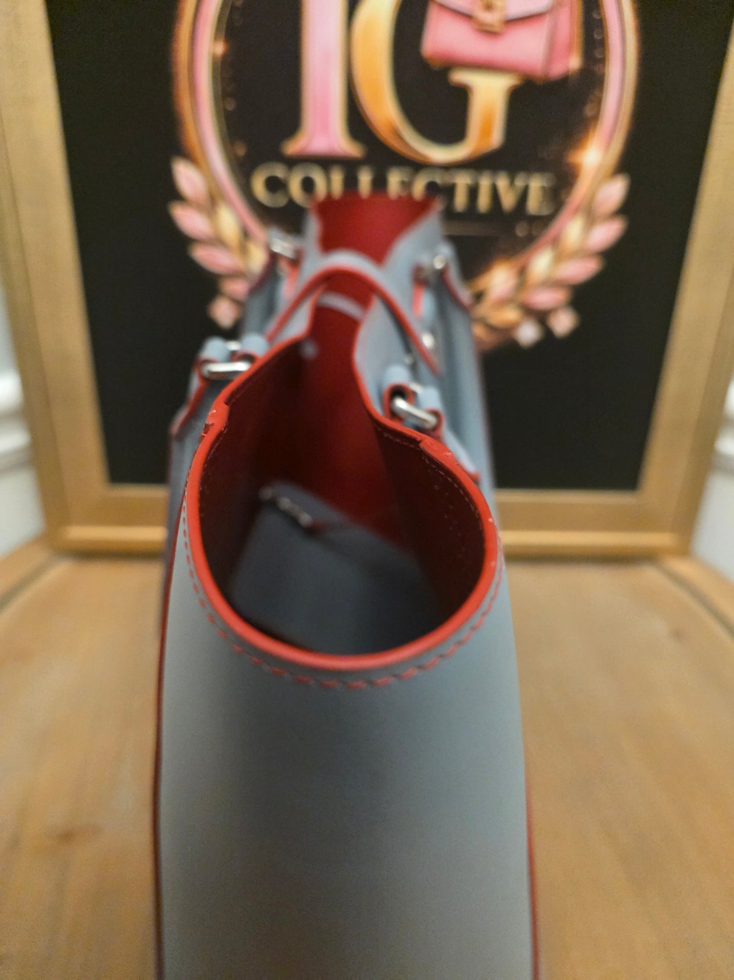 Loewe Gray Leather Anagram Tote Bag with Red Interior & Pouch | IG Collective