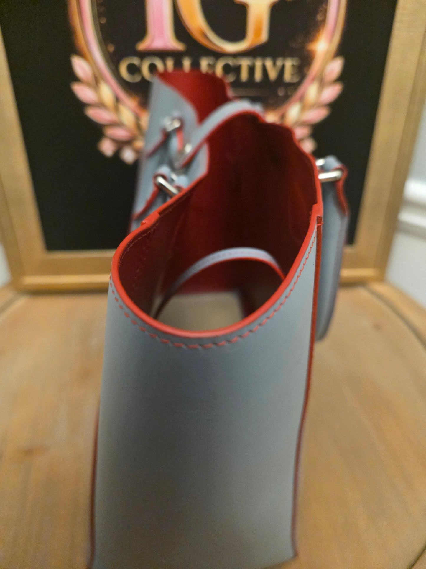 Loewe Gray Leather Anagram Tote Bag with Red Interior & Pouch | IG Collective