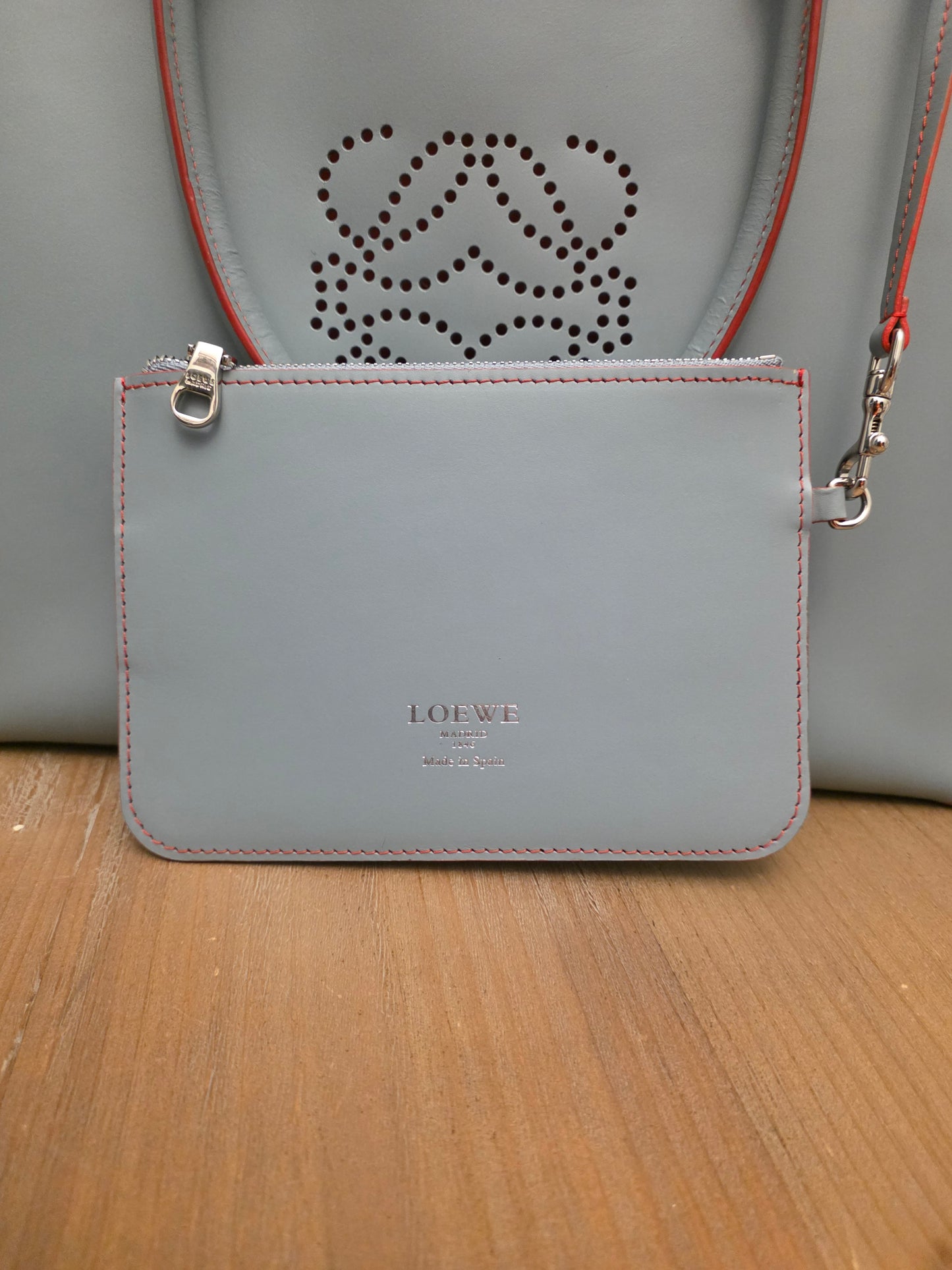 Loewe Gray Leather Anagram Tote Bag with Red Interior & Pouch | IG Collective