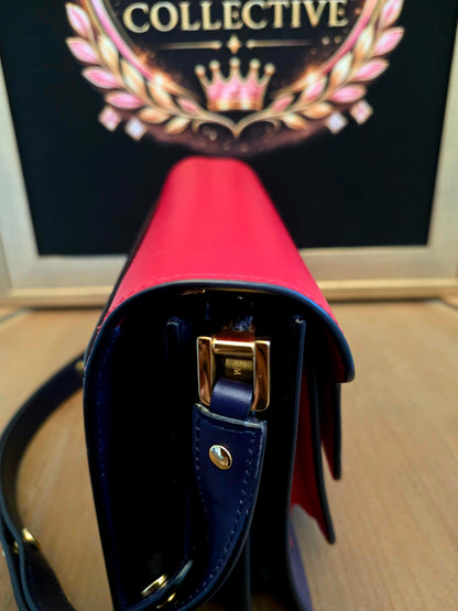 Authentic Marni Trunk Medium Colorblock Leather Crossbody Bag | Red & Navy Blue | Gold Hardware | Made in Italy