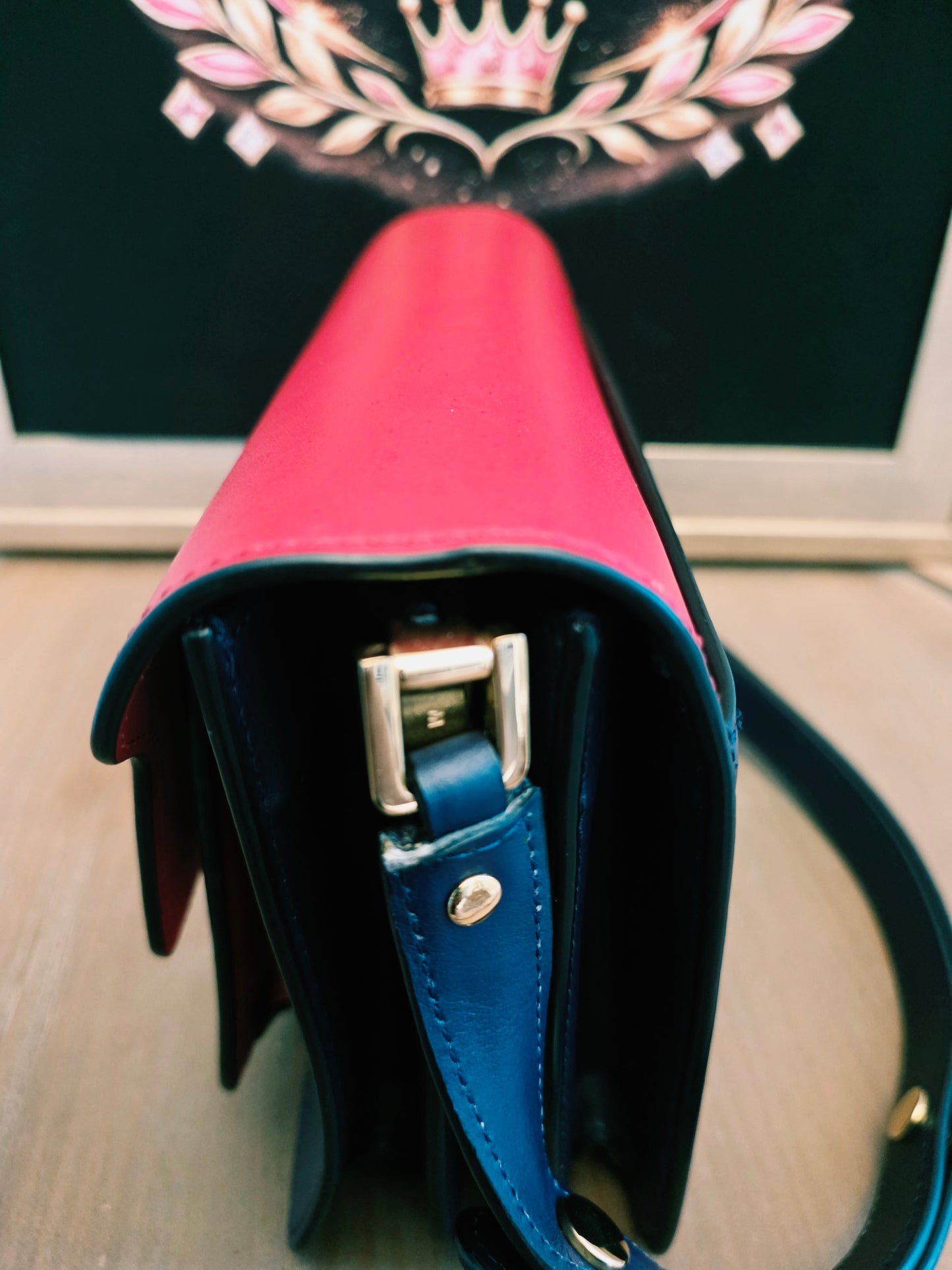 Authentic Marni Trunk Medium Colorblock Leather Crossbody Bag | Red & Navy Blue | Gold Hardware | Made in Italy
