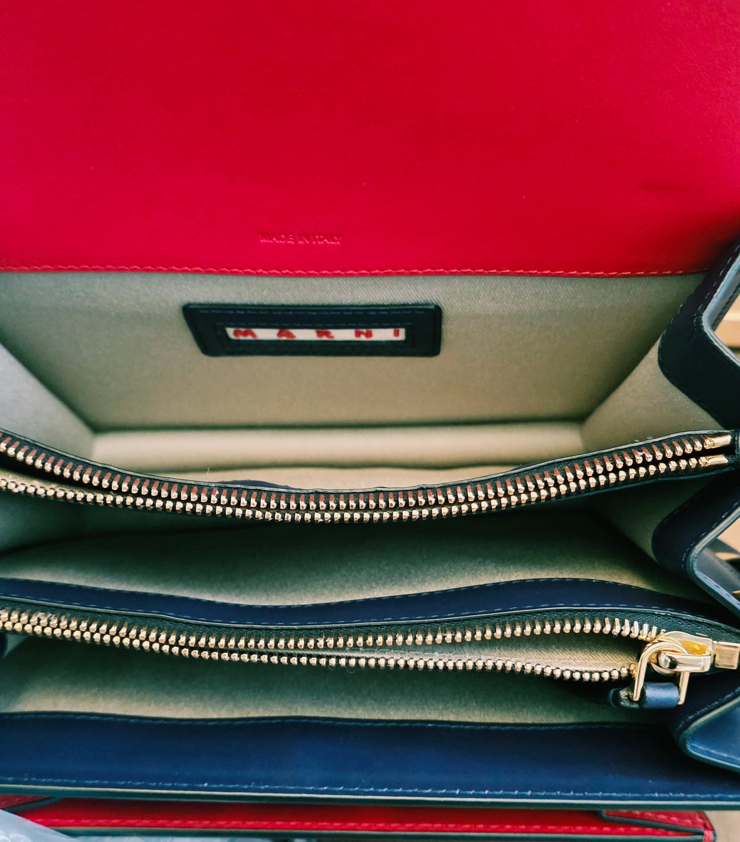 Authentic Marni Trunk Medium Colorblock Leather Crossbody Bag | Red & Navy Blue | Gold Hardware | Made in Italy