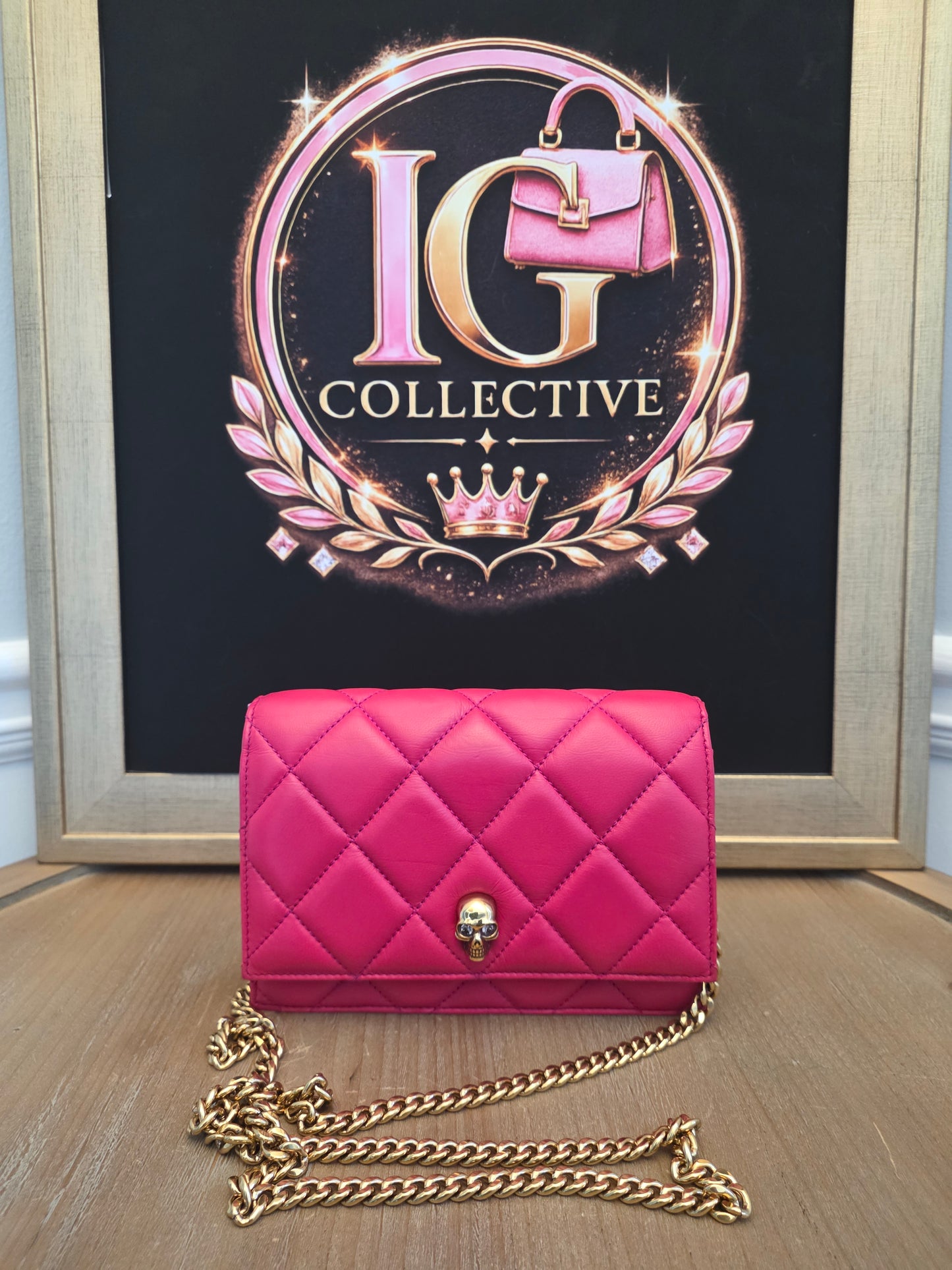 Authentic Alexander McQueen Skull Mini Quilted Leather Crossbody Wallet on Chain | Fuchsia Pink | Gold Hardware | Made in Italy