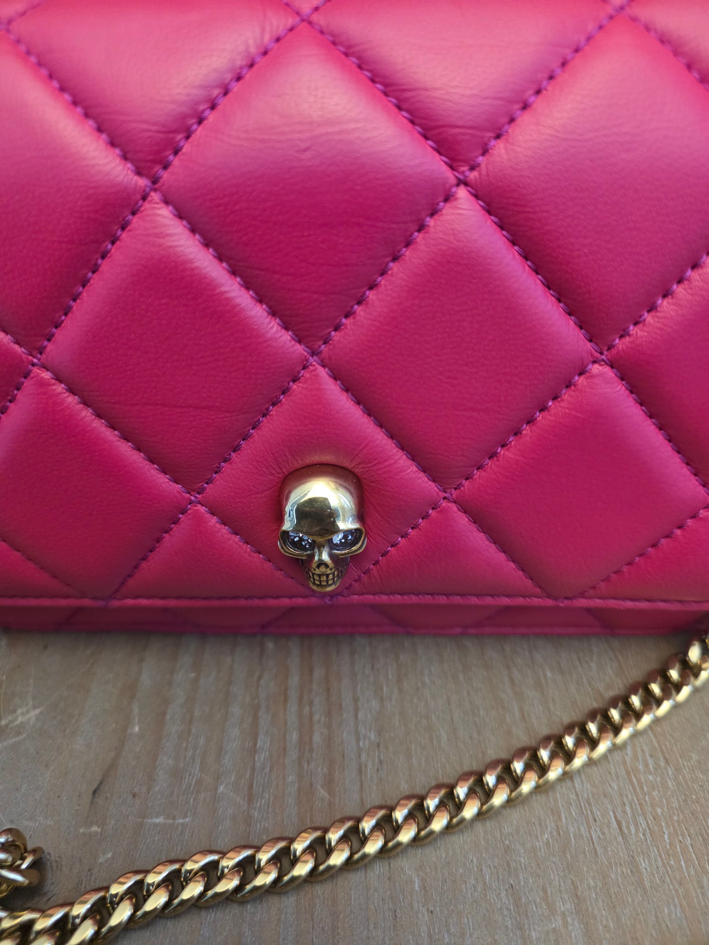 Authentic Alexander McQueen Skull Mini Quilted Leather Crossbody Wallet on Chain | Fuchsia Pink | Gold Hardware | Made in Italy