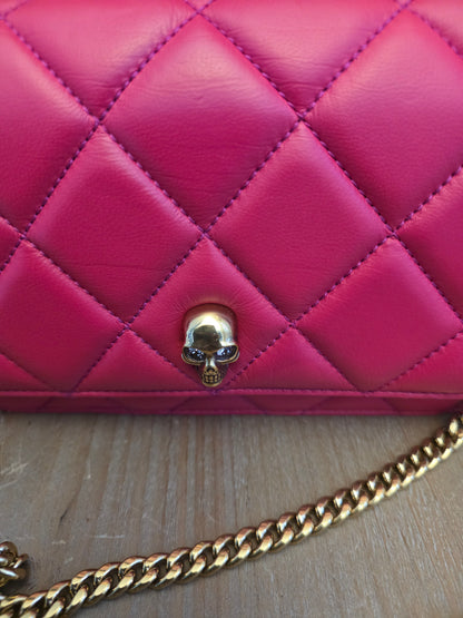 Authentic Alexander McQueen Skull Mini Quilted Leather Crossbody Wallet on Chain | Fuchsia Pink | Gold Hardware | Made in Italy