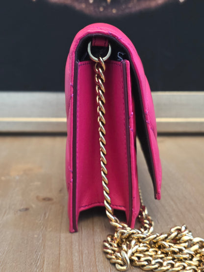 Authentic Alexander McQueen Skull Mini Quilted Leather Crossbody Wallet on Chain | Fuchsia Pink | Gold Hardware | Made in Italy