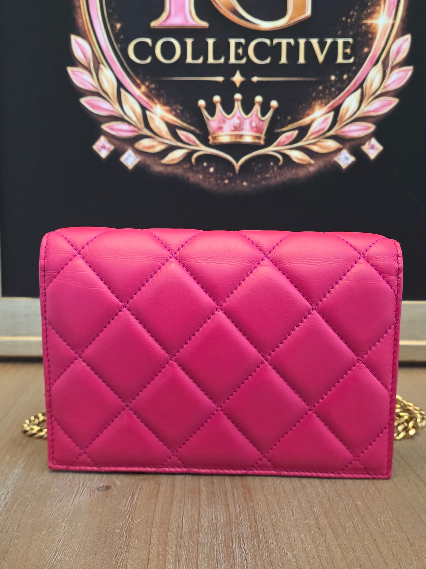 Authentic Alexander McQueen Skull Mini Quilted Leather Crossbody Wallet on Chain | Fuchsia Pink | Gold Hardware | Made in Italy