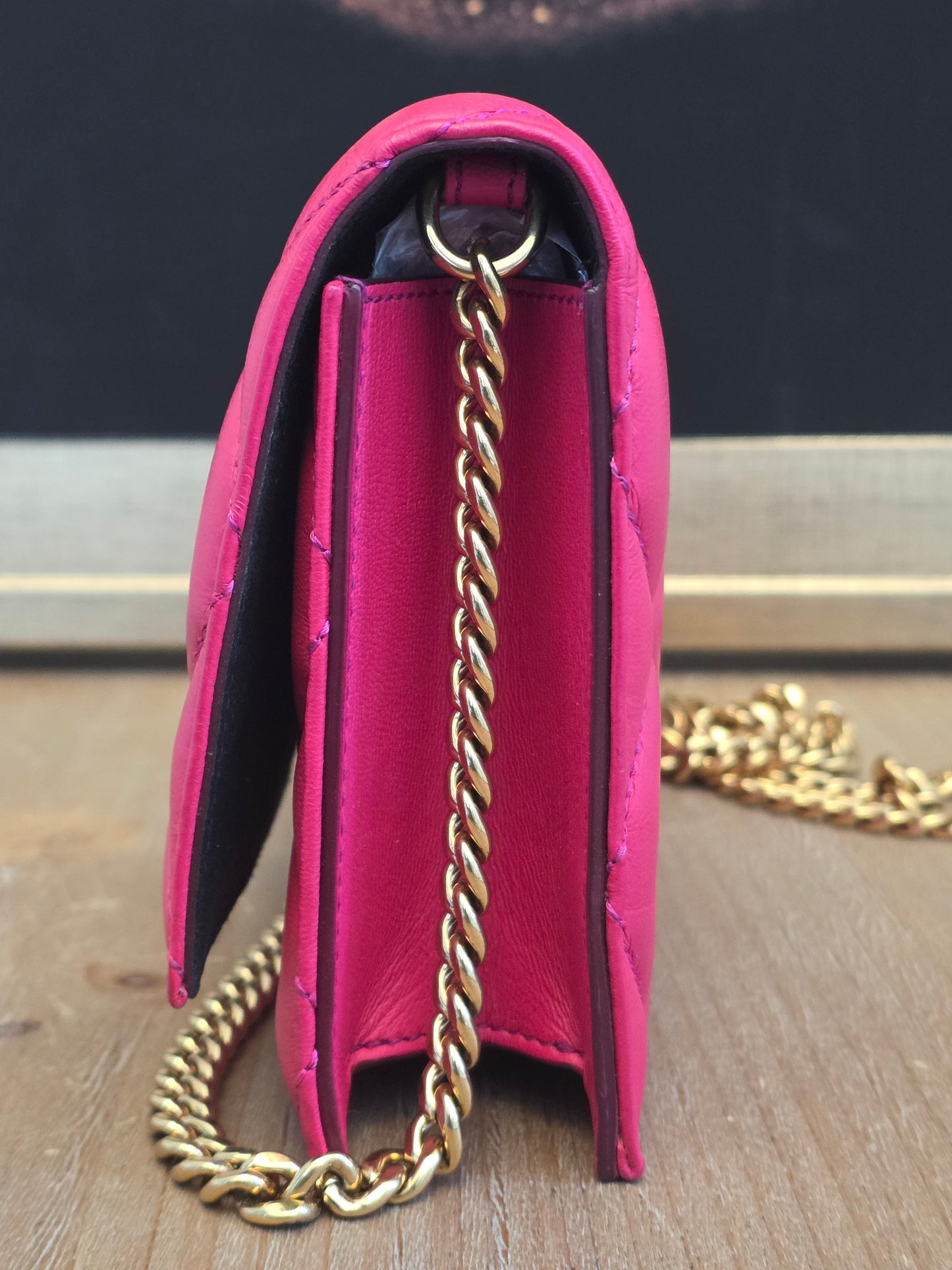 Authentic Alexander McQueen Skull Mini Quilted Leather Crossbody Wallet on Chain | Fuchsia Pink | Gold Hardware | Made in Italy