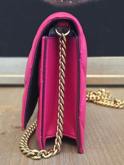 Authentic Alexander McQueen Skull Mini Quilted Leather Crossbody Wallet on Chain | Fuchsia Pink | Gold Hardware | Made in Italy