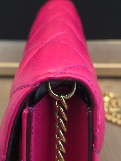 Authentic Alexander McQueen Skull Mini Quilted Leather Crossbody Wallet on Chain | Fuchsia Pink | Gold Hardware | Made in Italy