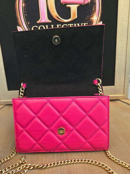 Authentic Alexander McQueen Skull Mini Quilted Leather Crossbody Wallet on Chain | Fuchsia Pink | Gold Hardware | Made in Italy