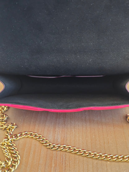 Authentic Alexander McQueen Skull Mini Quilted Leather Crossbody Wallet on Chain | Fuchsia Pink | Gold Hardware | Made in Italy