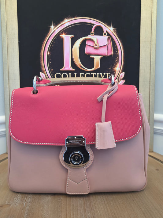 Authentic Burberry DK88 Medium Two-Tone Leather Top Handle Satchel | Blush Pink & Raspberry | Crossbody | Made in Italy