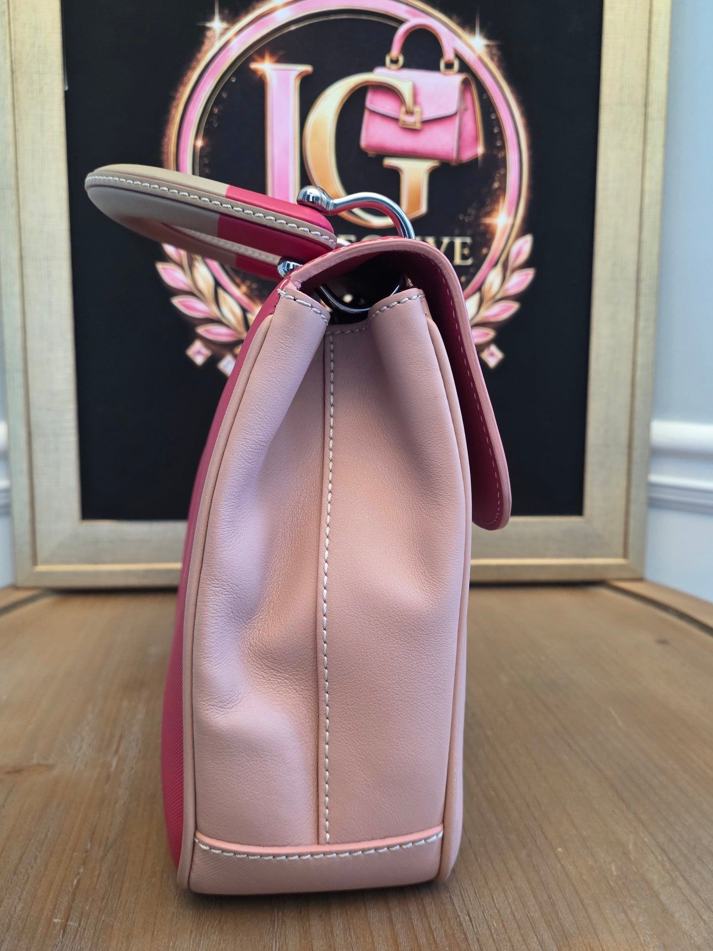 Authentic Burberry DK88 Medium Two-Tone Leather Top Handle Satchel | Blush Pink & Raspberry | Crossbody | Made in Italy