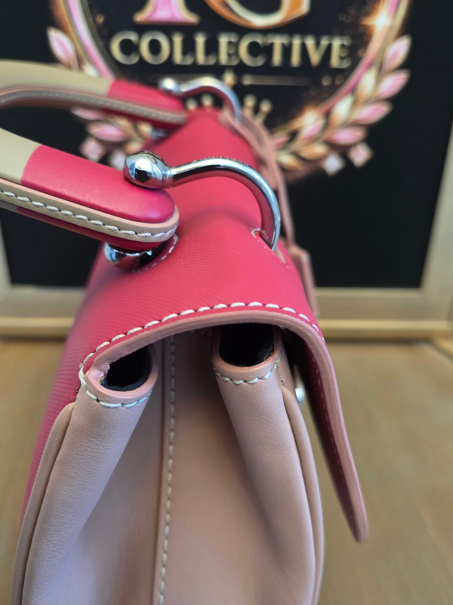 Authentic Burberry DK88 Medium Two-Tone Leather Top Handle Satchel | Blush Pink & Raspberry | Crossbody | Made in Italy