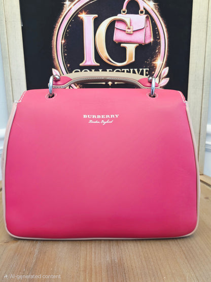 Authentic Burberry DK88 Medium Two-Tone Leather Top Handle Satchel | Blush Pink & Raspberry | Crossbody | Made in Italy