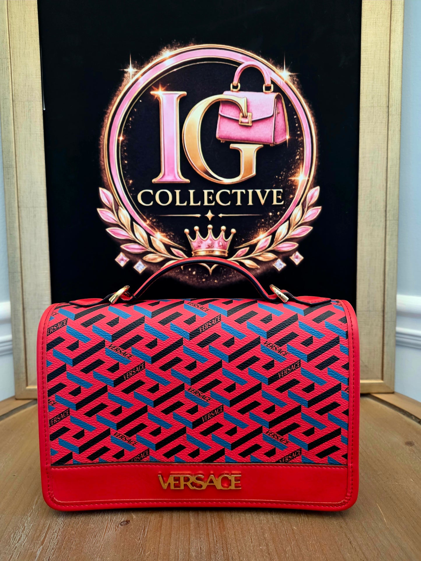 Authentic Versace La Greca Print Leather Top Handle Crossbody Bag | Red | Gold Hardware | Made in Italy