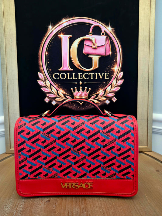 Authentic Versace La Greca Print Leather Top Handle Crossbody Bag | Red | Gold Hardware | Made in Italy