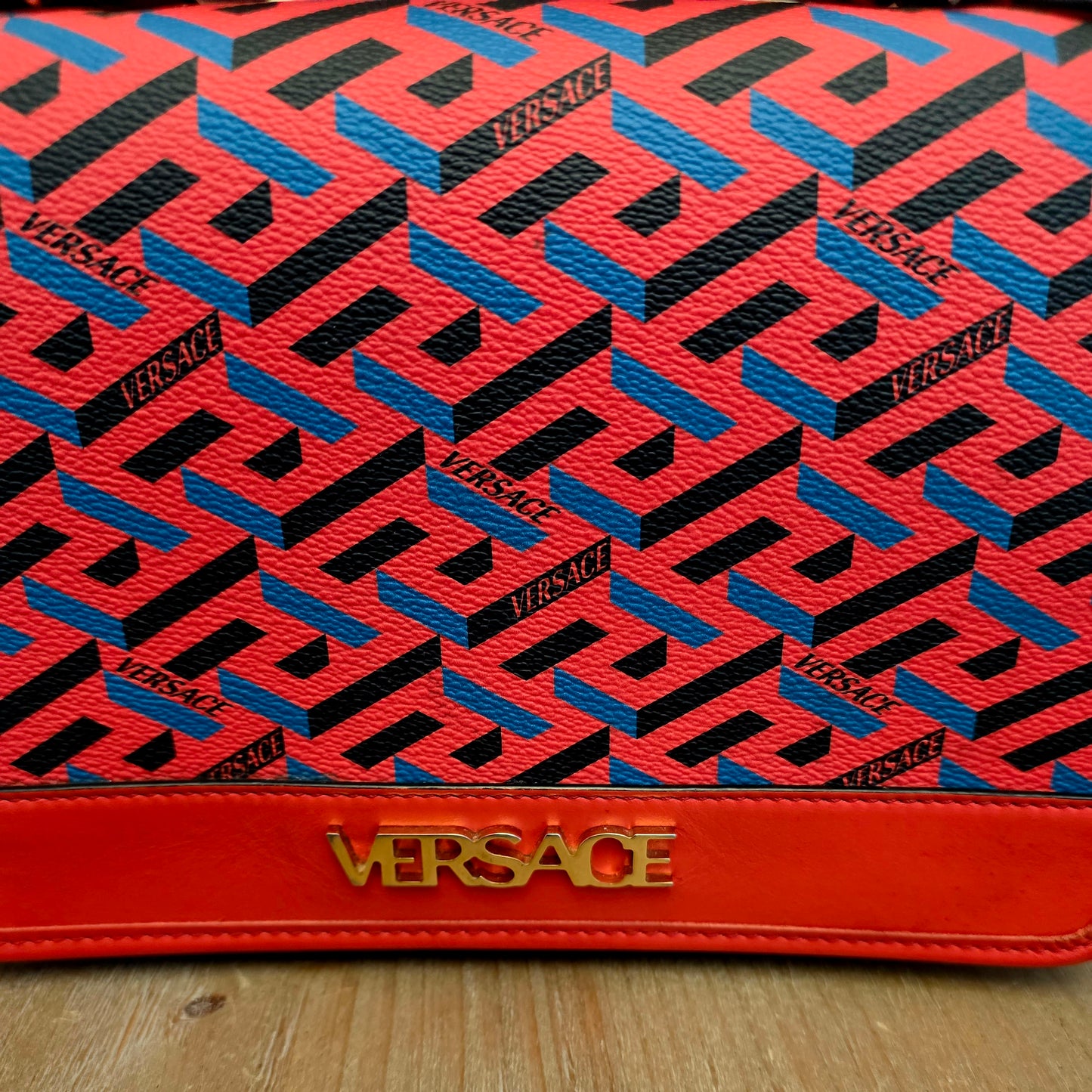 Authentic Versace La Greca Print Leather Top Handle Crossbody Bag | Red | Gold Hardware | Made in Italy
