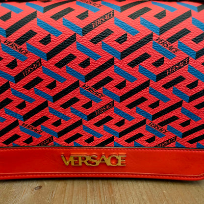 Authentic Versace La Greca Print Leather Top Handle Crossbody Bag | Red | Gold Hardware | Made in Italy