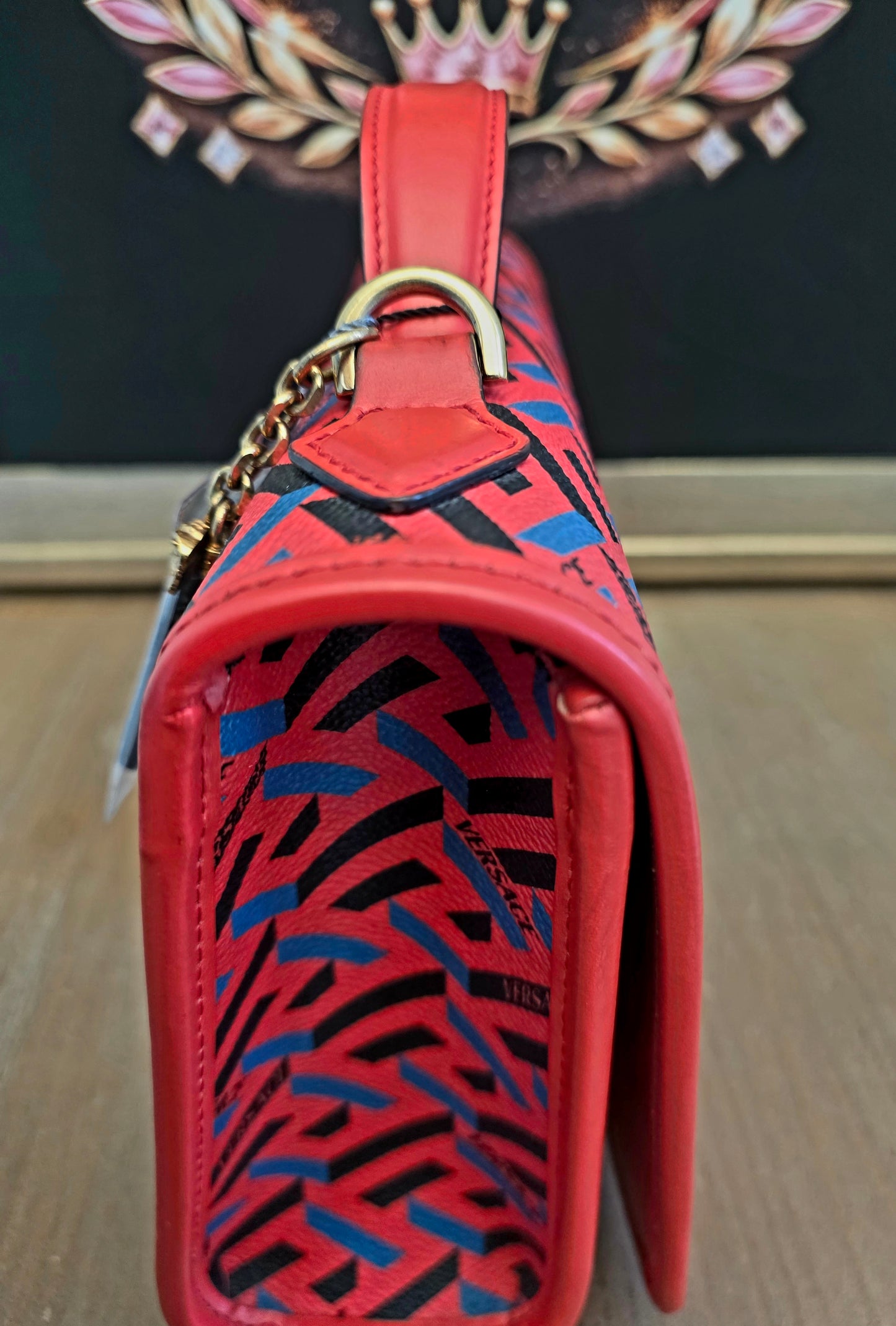 Authentic Versace La Greca Print Leather Top Handle Crossbody Bag | Red | Gold Hardware | Made in Italy